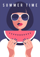 Summer party, vacation and travel concept. Woman holding watermelon. Vector illustration for flyer or poster design in minimalistic style.