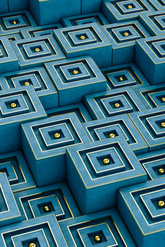 abstract blue and gold cubes on blue background