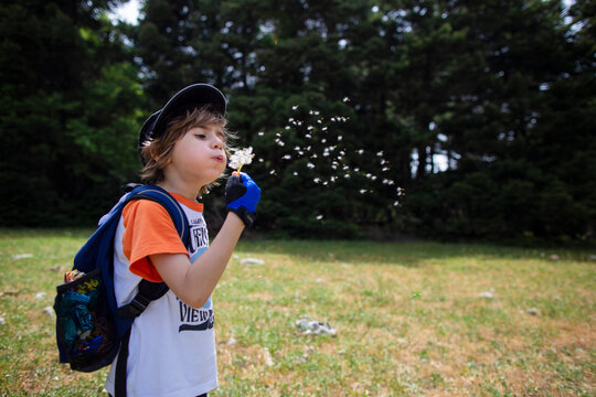 Five year old boy blowing a flower dandelion