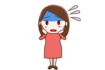 ＜全身・正面＞真っ青になって汗をかきながら慌てふためく女性