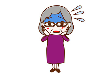 ＜全身・正面＞真っ青になって汗をかきながら慌てふためく高齢の女性