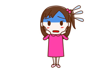 ＜全身・正面＞真っ青になって汗をかきながら慌てふためく少女