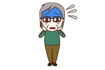 ＜全身・正面＞真っ青になって汗をかきながら慌てふためく高齢の男性