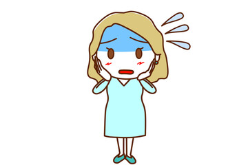 ＜全身・正面＞真っ青になって汗をかきながら慌てふためく白人女性