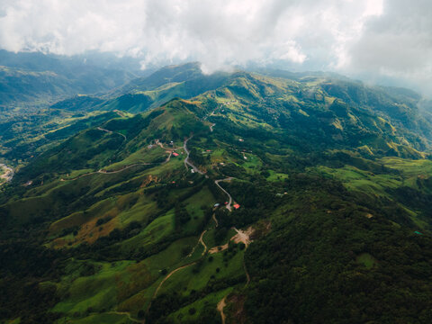 Aerial shot of green mountains.