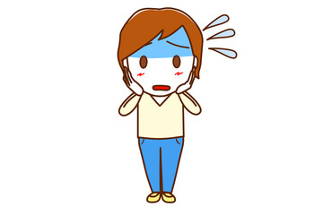 ＜全身・正面＞真っ青になって汗をかきながら慌てふためく白人男性