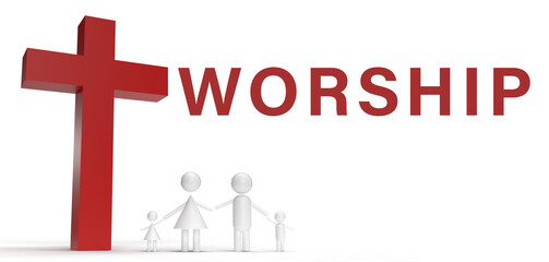 The word "Worship" and holy cross with generic cartoon family 3d rendering.Christian catholic family worship online.Church jesus cross.Good friday easter day in church christian Sunday service.Faith.