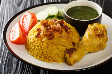 Tasty Khao Mok Gai Thai Rice and Chicken Biryan closeup in the plate. Horizontal