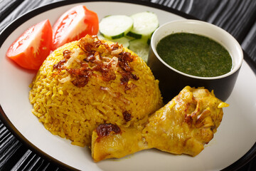 Thai Style Chicken Biryani Recipe Khao Mok Gai closeup in the plate. Horizontal