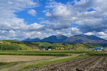 青空バックに見るのどかな田園風景と十勝連峰のコラボ情景＠富良野、北海道