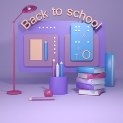 School items on a pink background. Blackboard, books, desk, pencils, lamp, letters. Back to school. Cartoon style. 3d illustration.