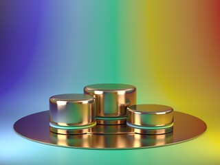 3D podium for items. A beautiful composition of gold discs. Stand on a gradient background. Original abstract design. A modern futuristic concept. 3d illustration