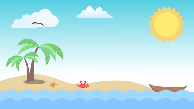 ANIMATION - Summer with a desert island, boat, sun, a crab, ocean, and clouds