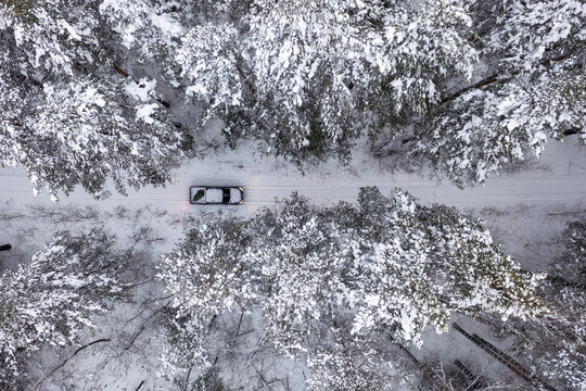 Pickup truck in winter forest with a christmas tree in trunk, bird eye view