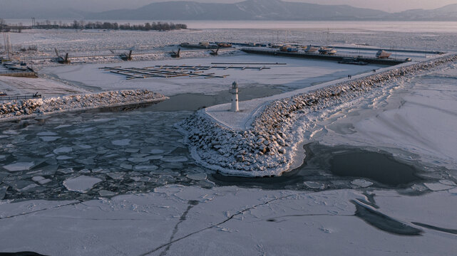 overhead shot of the lighthouse in winter