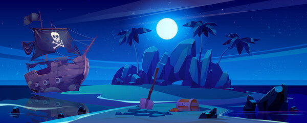 Pirate ship moored on island with treasure at night. Chest with gold and shovel under full moon, filibuster loot on sea beach with palm trees. Adventure book or game scene, Cartoon vector illustration © klyaksun