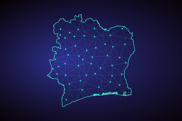 Map of Ivory Coast. Wire frame 3D mesh polygonal network line, design sphere, dot and structure. communications map of Ivory Coast. Vector Illustration EPS10.