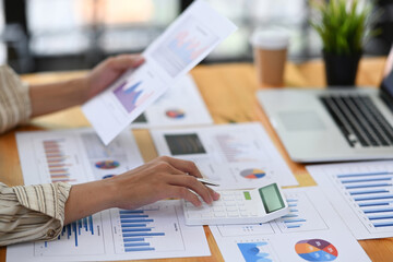 Accountant analyzing financial graph and using calculator at office.