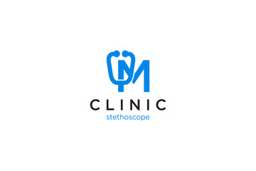 Letter M Logo with stethoscope for medical and pharmacy.