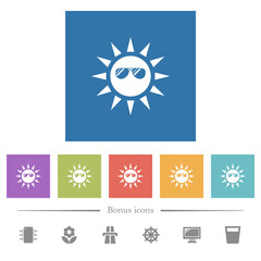 Sun with glossy sunglasses flat white icons in square backgrounds
