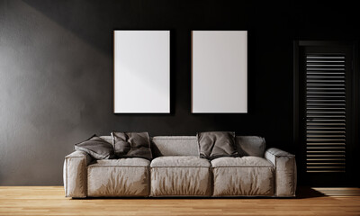 Modern room interior design. blank picture frames mock up and sofa on black wall, 3d rendering background