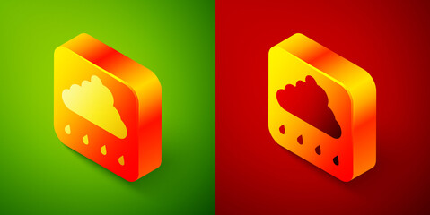 Isometric Cloud with rain icon isolated on green and red background. Rain cloud precipitation with rain drops. Square button. Vector
