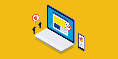 Ad blocking, blocking unwanted advertising popup windows, dialog box with internet security software, ad block stickman with red stop sign, isometric design, yellow background.