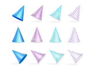 Party hats, birthday colorful caps with stripes and polka dots pattern, carton cones for bday or anniversary celebration Realistic 3d vector illustration, icons set isolated on white background