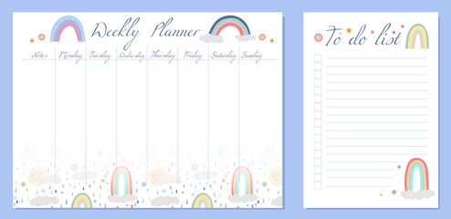 Set of child day organization templates with rainbow, cloud and dots. Weekly planner and to do list. Setting tasks for the day and for the week