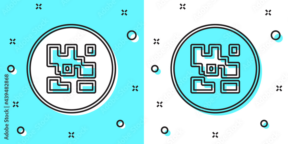 Poster black line qr code sample for smartphone scanning icon isolated on green and white background. rando