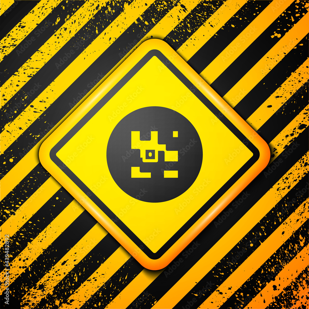 Poster black qr code sample for smartphone scanning icon isolated on yellow background. warning sign. vecto