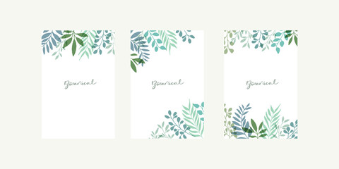 手描きタッチのシンプル草木フレームポストカードセット　Set hand drawn white isolated background. Botanical illustration. Decorative Botanical picture.