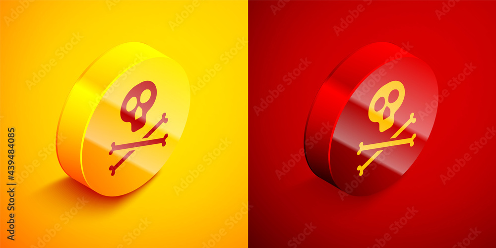 Poster isometric bones and skull as a sign of toxicity warning icon isolated on orange and red background. 