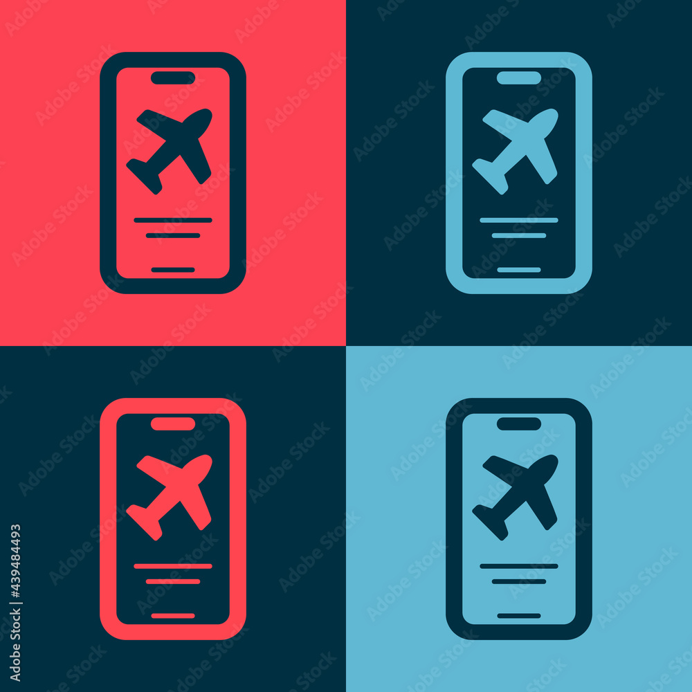 Poster pop art smartphone with electronic boarding pass airline ticket icon isolated on color background. p