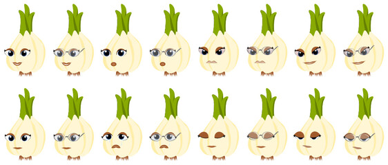 Cute vegetable emoji set of garlic (garlic; Allium sativum; chive; ail) with presenting happy, sad, angry, sleepy, surprise, cry, smile, odd feeling expressions.