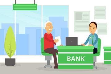 Senior Man at Bank Filling Document at Manager Desk Vector Illustration