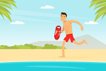 Man Lifeguard or Rescuer Supervising Safety and Rescuing Swimmers and Surfers Vector Illustration