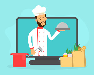 Man Chef Holding Tray with Served Dish Peeped Out from TV set Vector Illustration