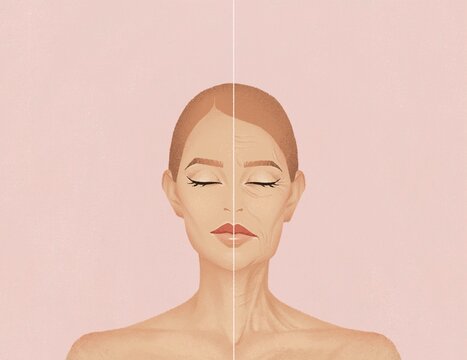 Illustration of a half old and half young woman. Aging concept.