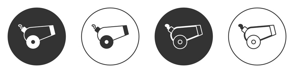 Black Cannon icon isolated on white background. Circle button. Vector