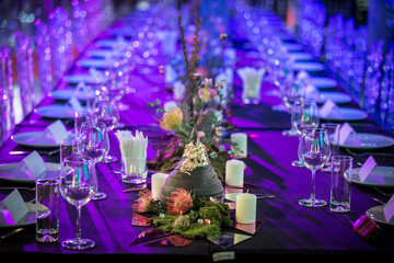 Decoration wedding, bouquet and glasses of bride and groom with champagne at a wedding