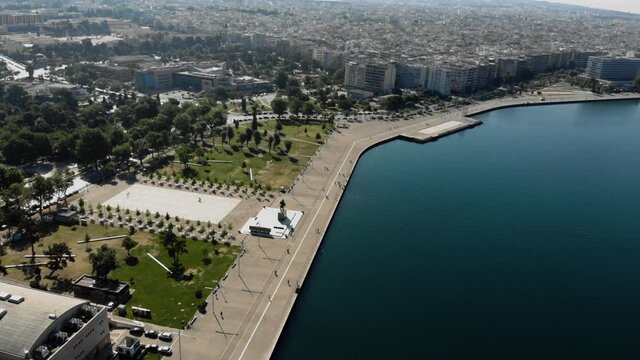 European seaport and old Macedonian capital city that Salonica Greece Drone footage 4k