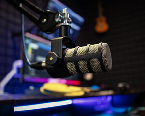 Professional studio condenser microphone in modern music recording studio on a sound acoustical foam background in recording studio - 439487280