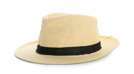 Stylish summer hat on white background