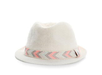 Stylish summer hat on white background