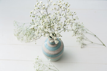 Vase with beautiful gypsophila flowers on light wooden background
