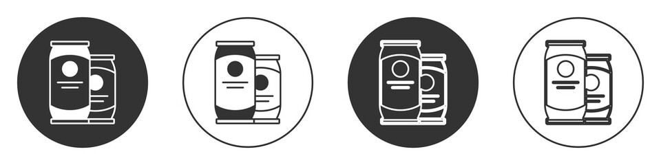 Black Beer can icon isolated on white background. Circle button. Vector