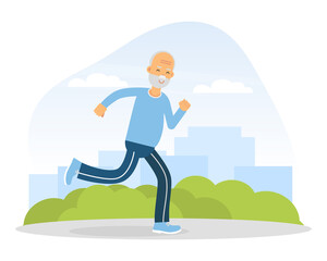Old Man Running Along Street Side Doing Sport Vector Illustration