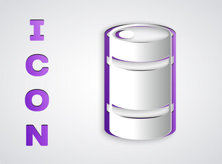 Paper cut Metal beer keg icon isolated on grey background. Paper art style. Vector