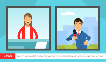 Male and Female Journalist Conducting Interview on Television Broadcast Reporting News and Information Vector Illustration